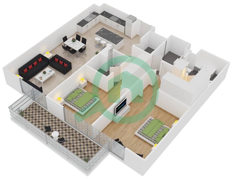 المخططات الطابقية لتصميم النموذج 1-C شقة 2 غرفة نوم - بلجرافيا interactive3D