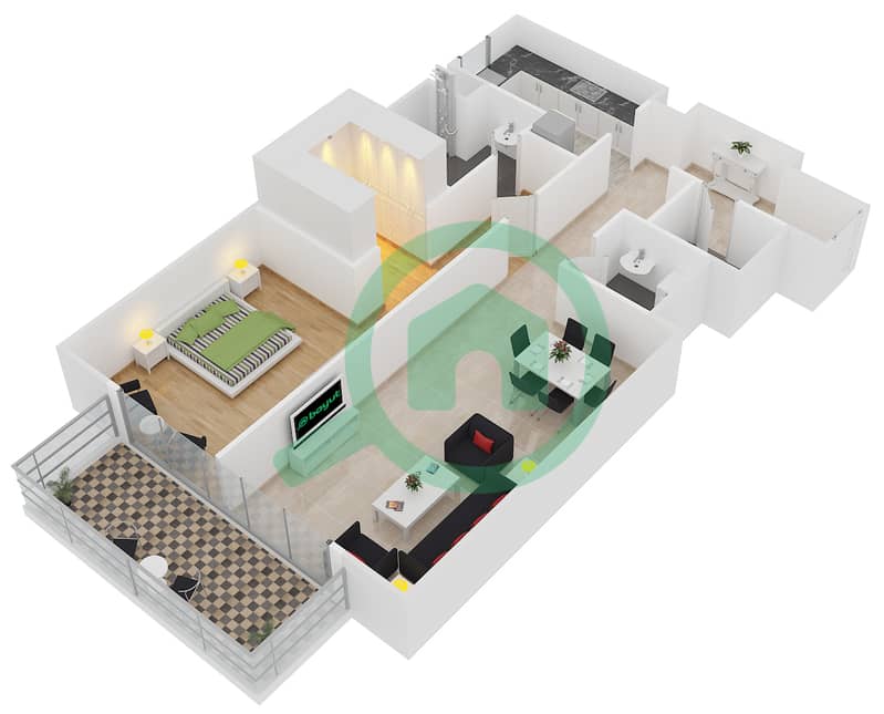 المخططات الطابقية لتصميم النموذج 3 شقة 1 غرفة نوم - بلجرافيا interactive3D