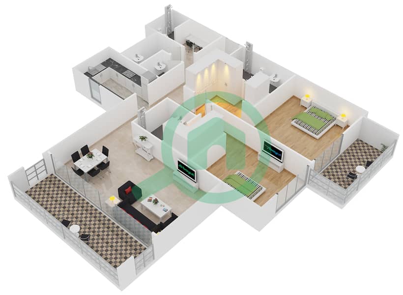 المخططات الطابقية لتصميم النموذج 2 شقة 2 غرفة نوم - بلجرافيا interactive3D