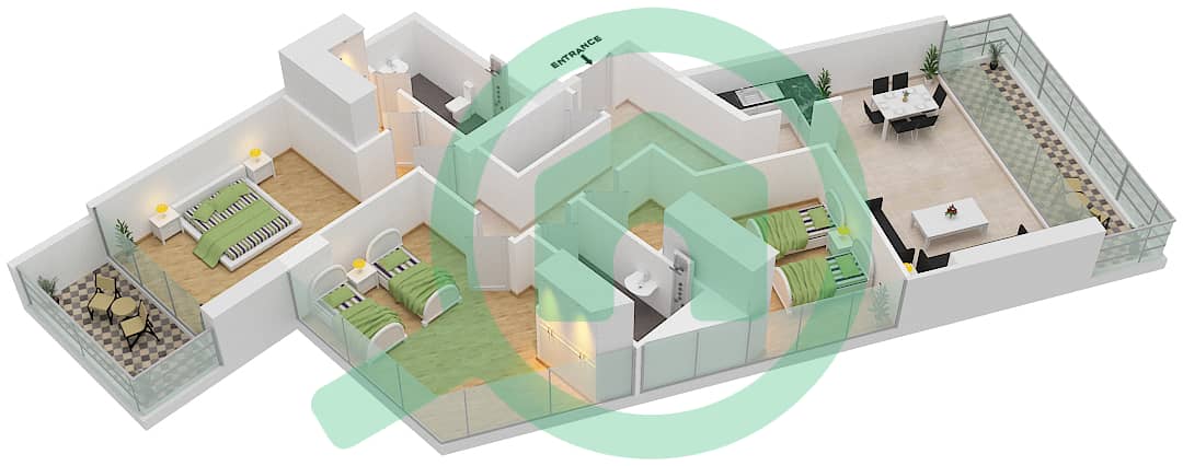 Артезия C - Апартамент 3 Cпальни планировка Тип I4 interactive3D