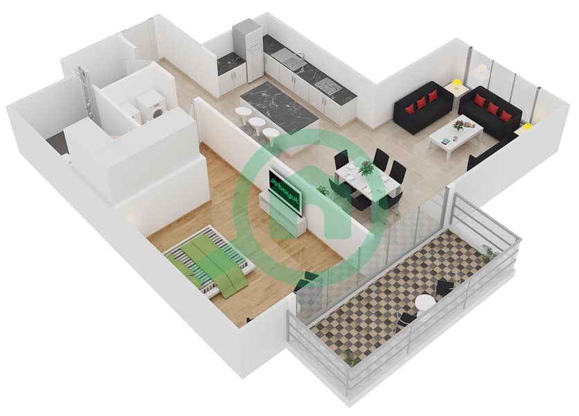 المخططات الطابقية لتصميم النموذج 2 شقة 1 غرفة نوم - بلجرافيا interactive3D