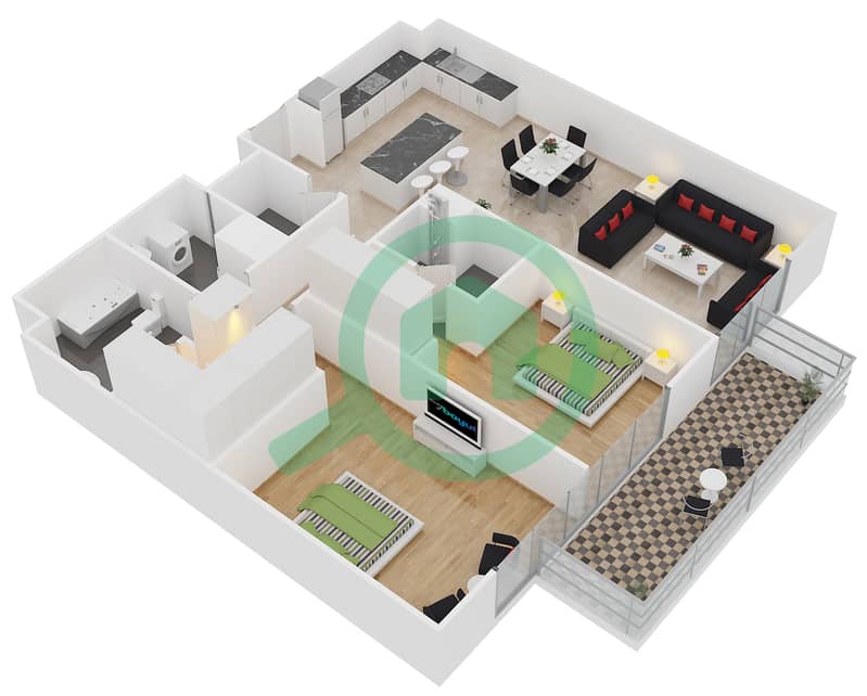 المخططات الطابقية لتصميم النموذج 1-E شقة 2 غرفة نوم - بلجرافيا interactive3D