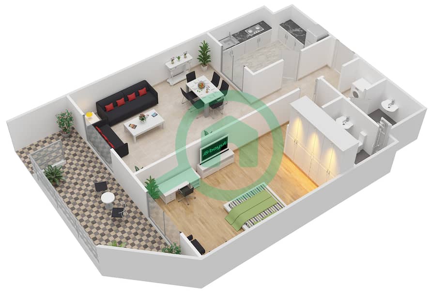 المخططات الطابقية لتصميم الوحدة G07 شقة 1 غرفة نوم - بارك سكوير interactive3D