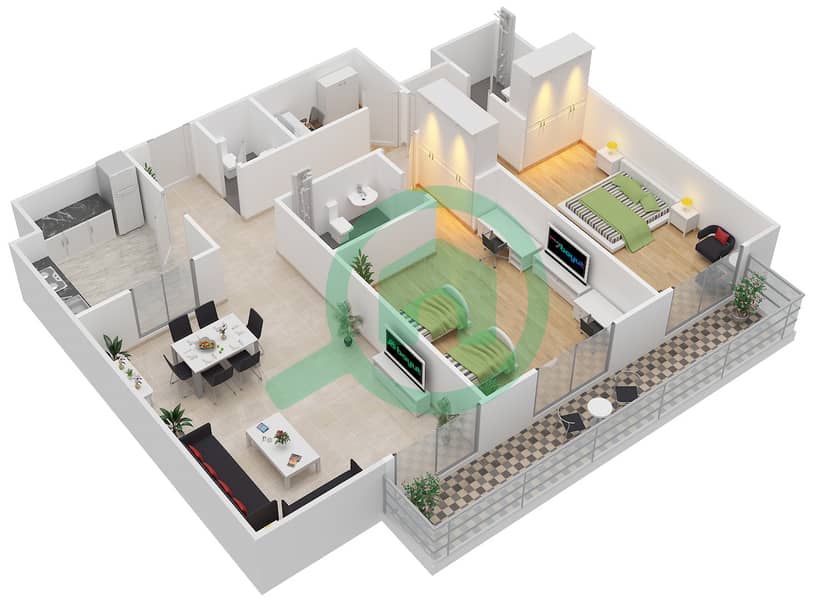 Park Square - 2 Bedroom Apartment Unit 103,203,303 Floor plan interactive3D