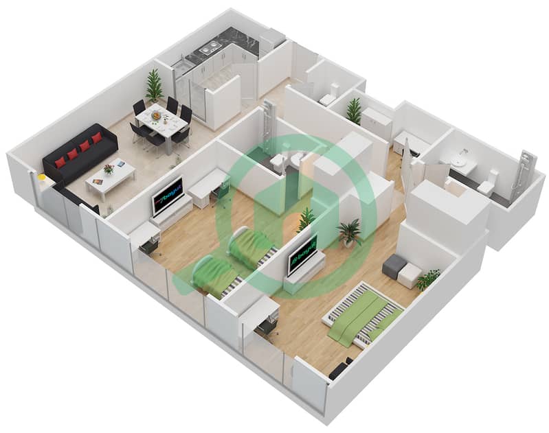 المخططات الطابقية لتصميم الوحدة 105,205,305 شقة 2 غرفة نوم - بارك سكوير interactive3D