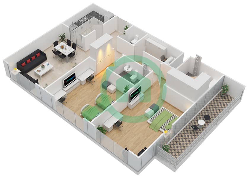 المخططات الطابقية لتصميم الوحدة 106,206,306 شقة 2 غرفة نوم - بارك سكوير interactive3D