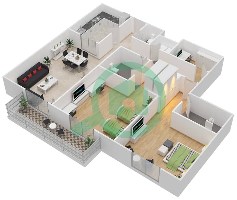 公园广场 - 2 卧室公寓单位102,202,302戶型图 interactive3D