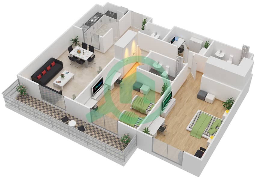 المخططات الطابقية لتصميم الوحدة 408 شقة 2 غرفة نوم - بارك سكوير interactive3D