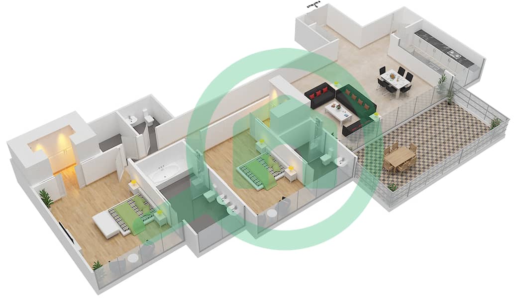 المخططات الطابقية لتصميم النموذج 1C VERSION 1 شقة 2 غرفة نوم - سيفينث هيفين interactive3D