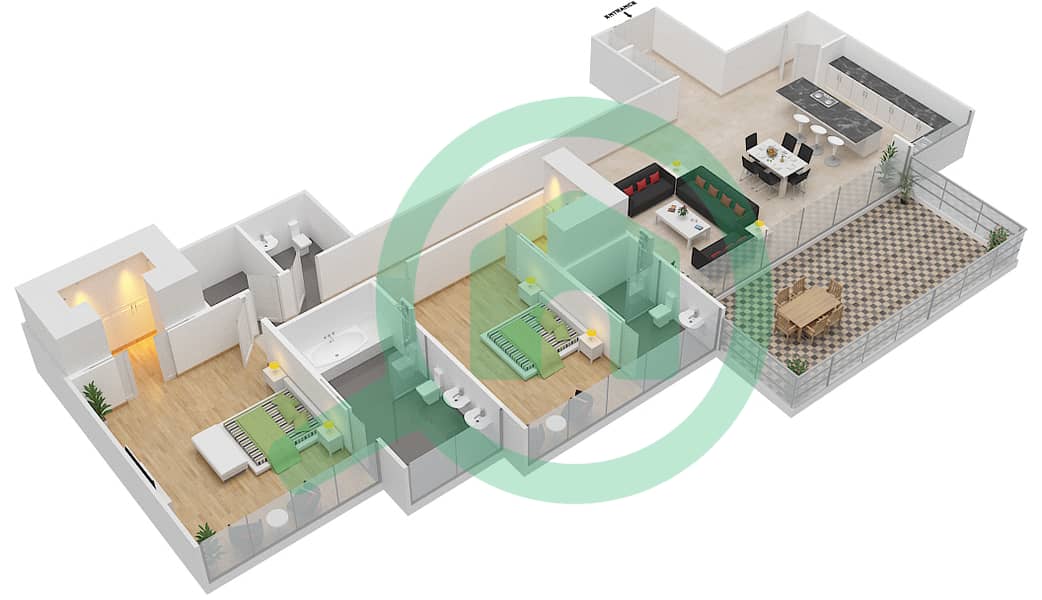 المخططات الطابقية لتصميم النموذج 1C   VERSION 1 شقة 2 غرفة نوم - سيفينث هيفين interactive3D