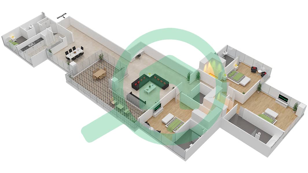 Севенз Хевен - Апартамент 3 Cпальни планировка Тип D VERSION 1 interactive3D