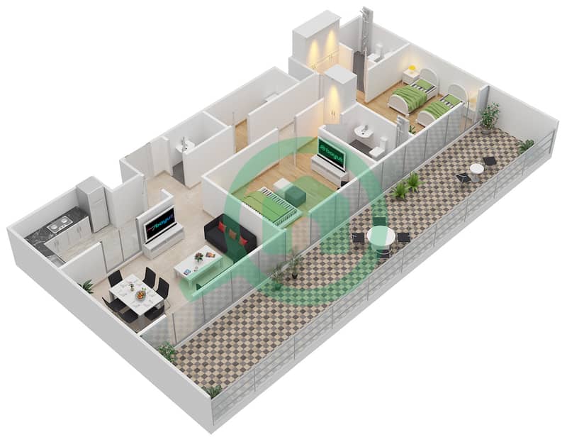 المخططات الطابقية لتصميم الوحدة 406 شقة 2 غرفة نوم - بارك سكوير interactive3D