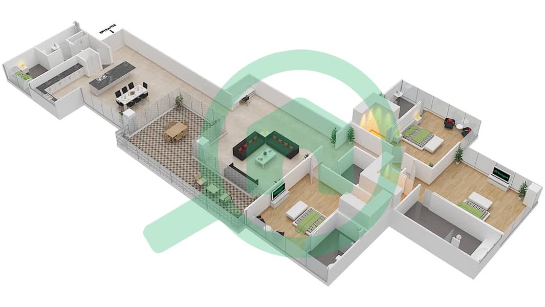Севенз Хевен - Апартамент 3 Cпальни планировка Тип E VERSION 1 interactive3D