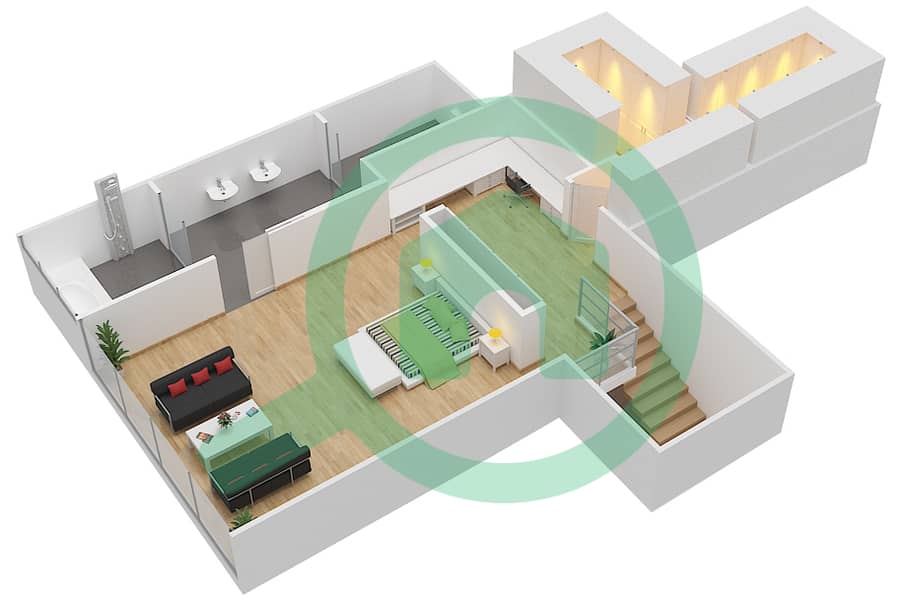 المخططات الطابقية لتصميم النموذج 1 DUPLEX VERSION 1 شقة 1 غرفة نوم - سيفينث هيفين interactive3D