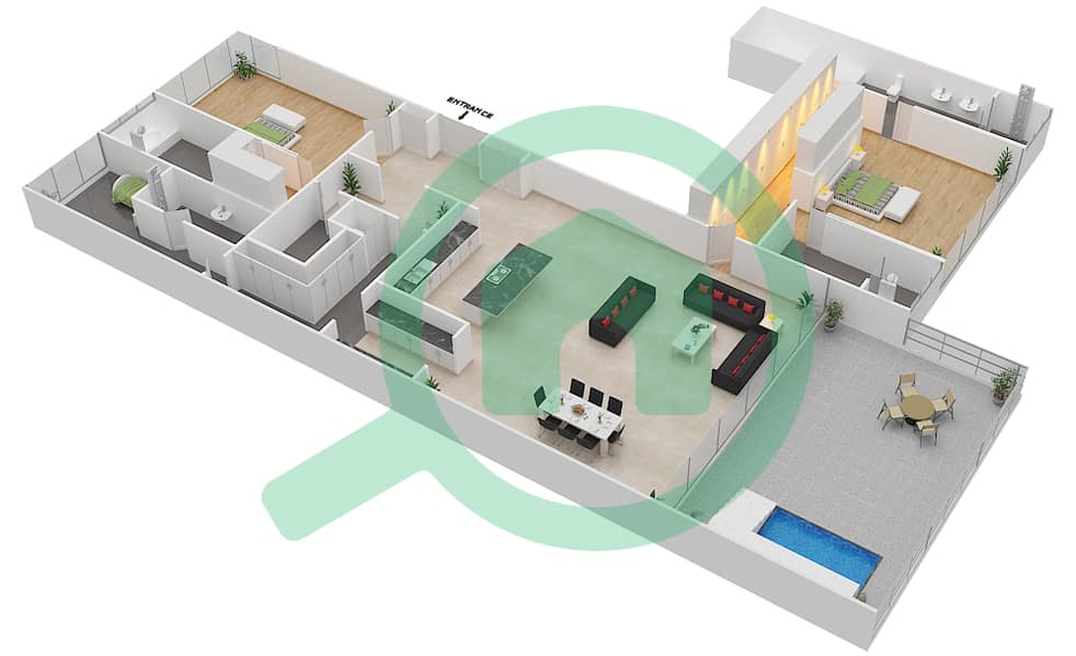 第七天堂公寓 - 2 卧室公寓类型1B VERSION 1戶型图 interactive3D