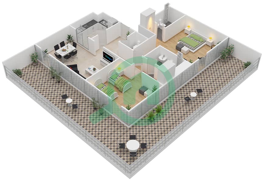 المخططات الطابقية لتصميم الوحدة 405 شقة 2 غرفة نوم - بارك سكوير interactive3D