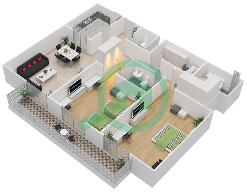 المخططات الطابقية لتصميم الوحدة 109,209,309 شقة 2 غرفة نوم - بارك سكوير interactive3D