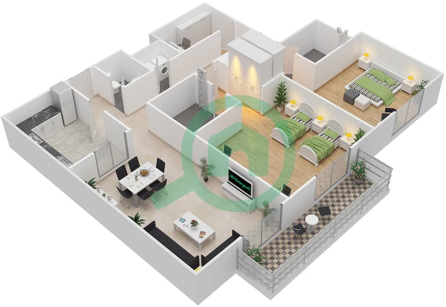 公园广场 - 2 卧室公寓单位402戶型图 interactive3D