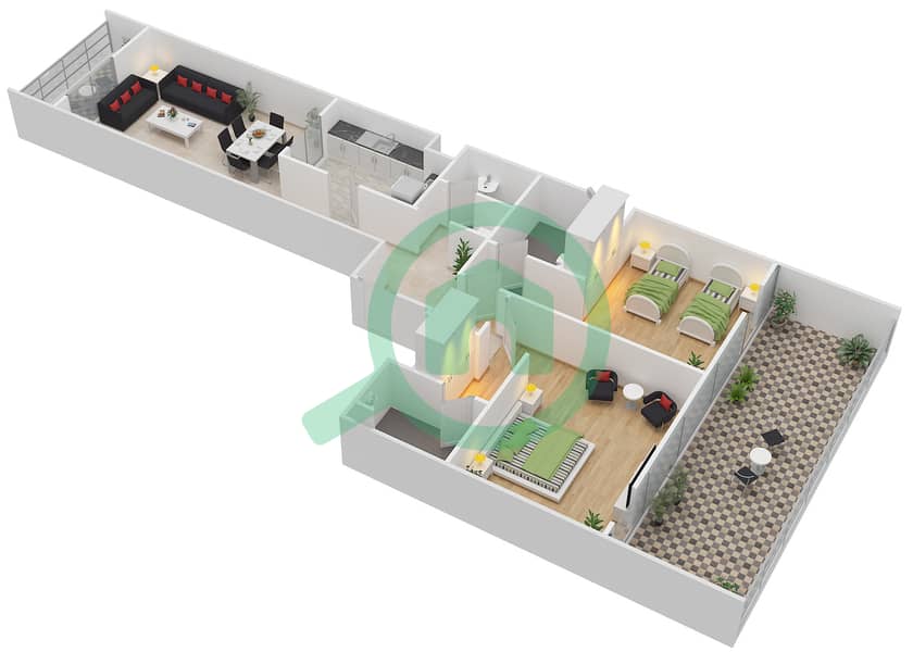 公园广场 - 2 卧室公寓单位407戶型图 interactive3D