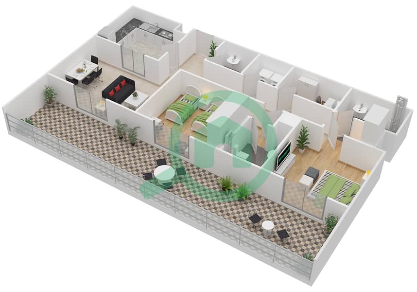 المخططات الطابقية لتصميم الوحدة 404 شقة 2 غرفة نوم - بارك سكوير interactive3D