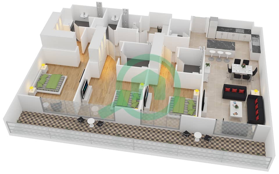 المخططات الطابقية لتصميم النموذج 1 شقة 3 غرف نوم - بلجرافيا interactive3D