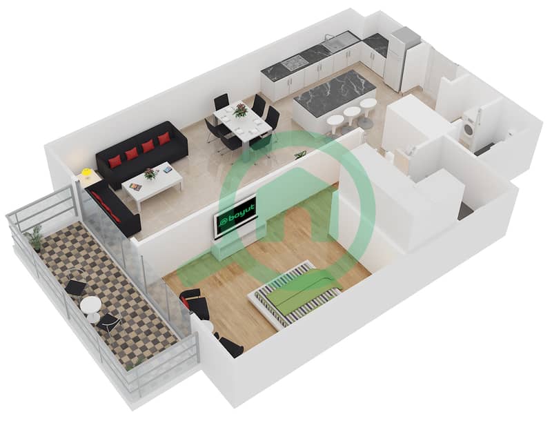 المخططات الطابقية لتصميم النموذج 1-E شقة 1 غرفة نوم - بلجرافيا interactive3D