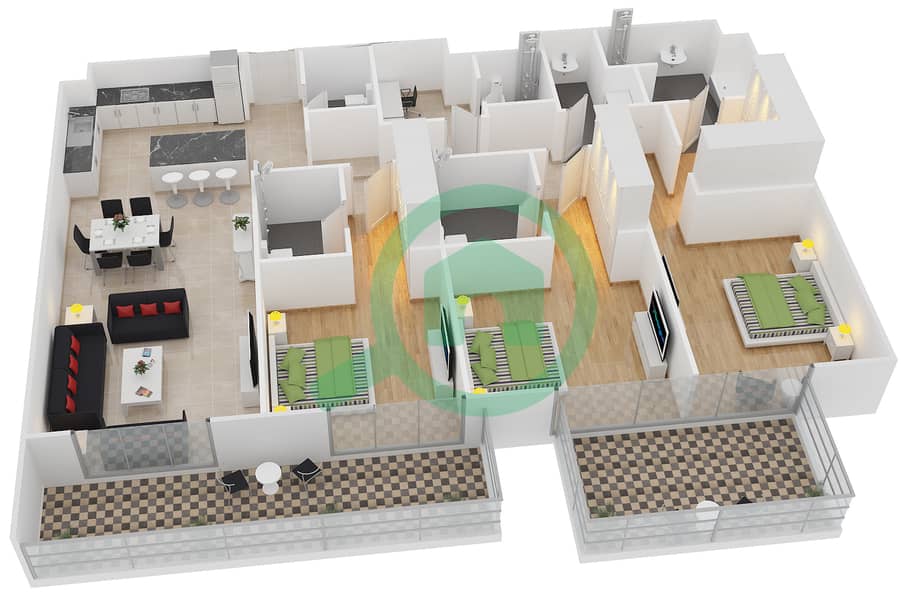 المخططات الطابقية لتصميم النموذج 1-B شقة 3 غرف نوم - بلجرافيا interactive3D