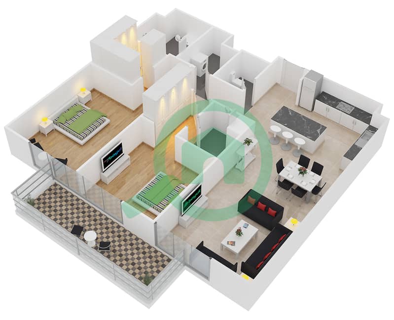 المخططات الطابقية لتصميم النموذج 1 شقة 2 غرفة نوم - بلجرافيا interactive3D