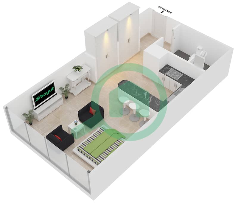المخططات الطابقية لتصميم النموذج E شقة استوديو - ريف ريزيدنس interactive3D