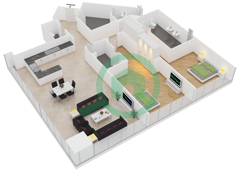 المخططات الطابقية لتصميم النموذج B شقة 2 غرفة نوم - ريف ريزيدنس interactive3D