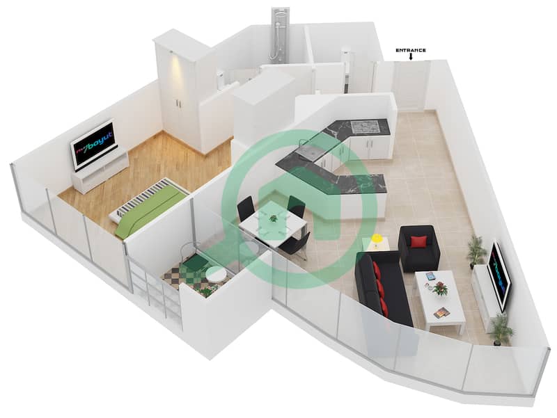 المخططات الطابقية لتصميم النموذج B شقة 1 غرفة نوم - ريف ريزيدنس interactive3D