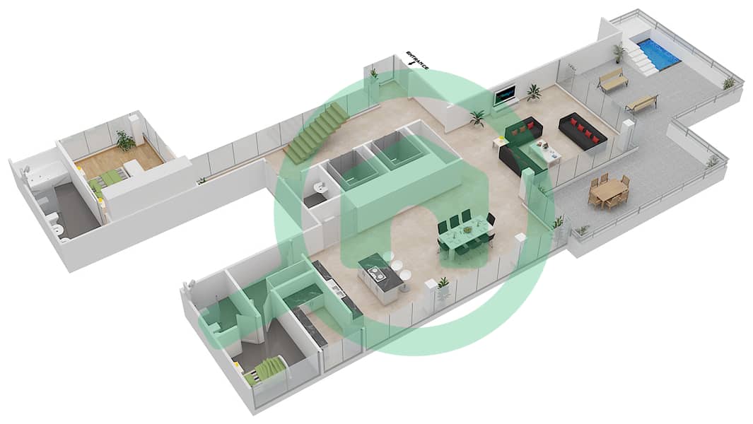 Севенз Хевен - Апартамент 3 Cпальни планировка Тип 2A DUPLEX VERSION 2 Lower Floor interactive3D