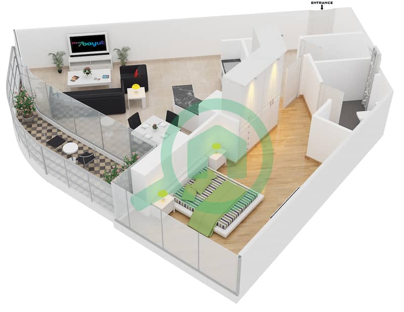 المخططات الطابقية لتصميم النموذج A شقة 1 غرفة نوم - ريف ريزيدنس interactive3D