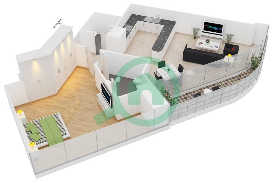 المخططات الطابقية لتصميم النموذج D شقة 1 غرفة نوم - ريف ريزيدنس interactive3D