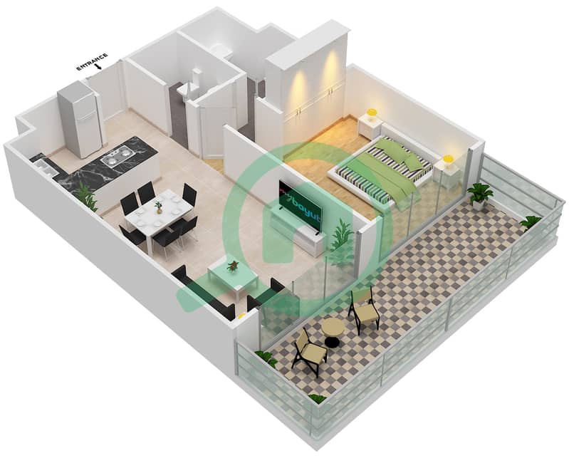 101单身公寓 - 1 卧室公寓类型B戶型图 interactive3D
