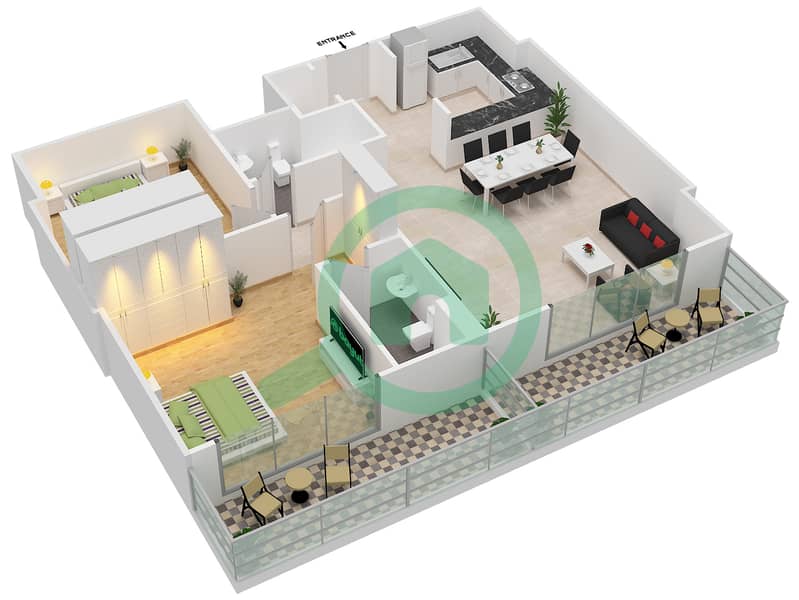 المخططات الطابقية لتصميم النموذج C شقة 2 غرفة نوم - استوديو 101 interactive3D