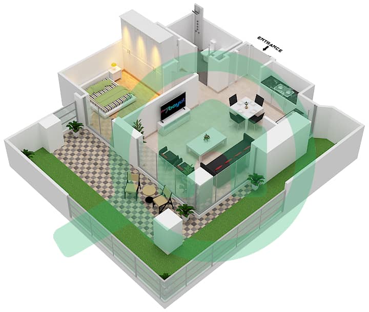 المخططات الطابقية لتصميم الوحدة 102 شقة 1 غرفة نوم - سانست في كريك بيتش interactive3D