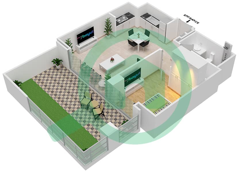 المخططات الطابقية لتصميم الوحدة 104 شقة 1 غرفة نوم - سانست في كريك بيتش interactive3D