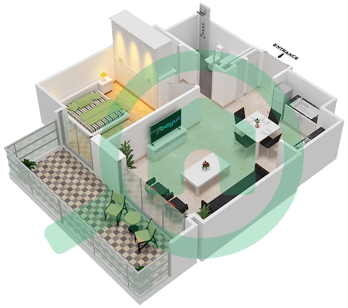 Закат на Крик Бич - Апартамент 1 Спальня планировка Единица измерения 201 interactive3D