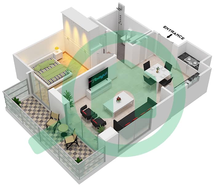 المخططات الطابقية لتصميم الوحدة 502 شقة 1 غرفة نوم - سانست في كريك بيتش interactive3D