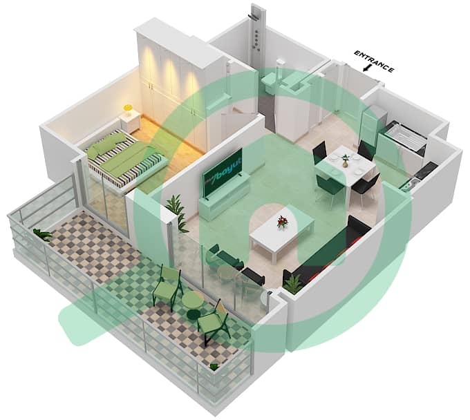 المخططات الطابقية لتصميم الوحدة 601 شقة 1 غرفة نوم - سانست في كريك بيتش interactive3D
