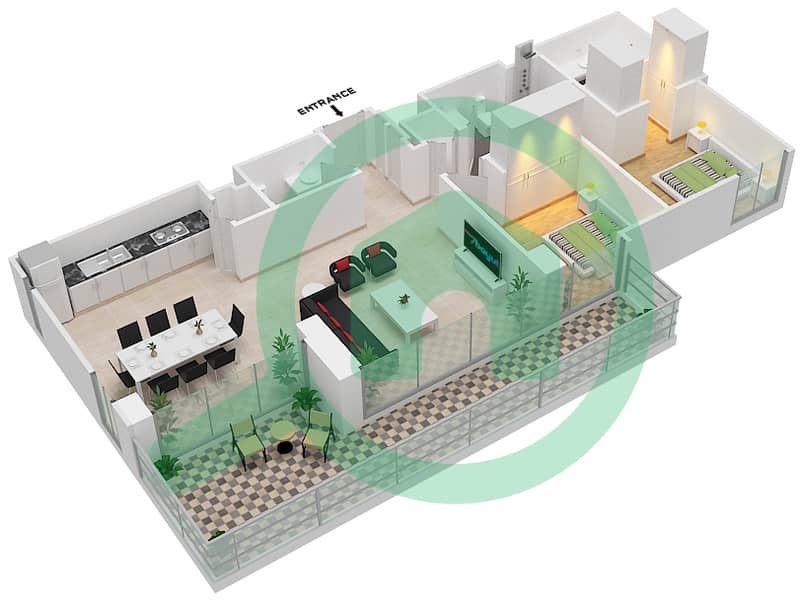 المخططات الطابقية لتصميم الوحدة 106 شقة 2 غرفة نوم - سانست في كريك بيتش interactive3D
