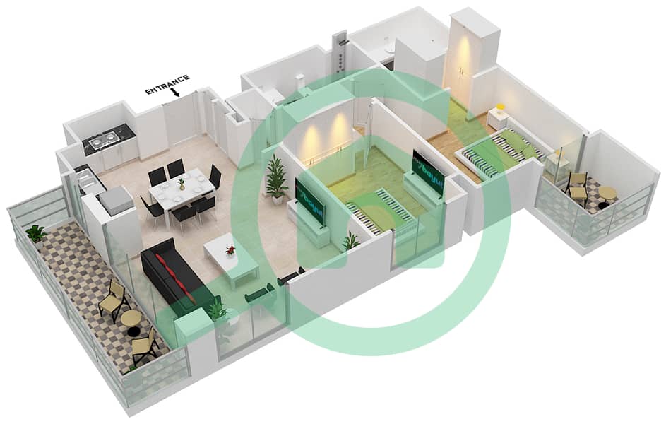 المخططات الطابقية لتصميم الوحدة 203 شقة 2 غرفة نوم - سانست في كريك بيتش interactive3D