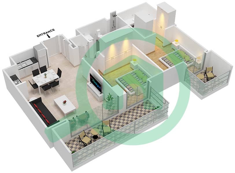 المخططات الطابقية لتصميم الوحدة 204 شقة 2 غرفة نوم - سانست في كريك بيتش interactive3D