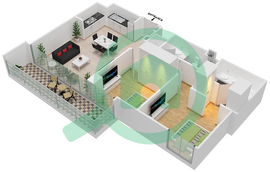 المخططات الطابقية لتصميم الوحدة 206 شقة 2 غرفة نوم - سانست في كريك بيتش interactive3D