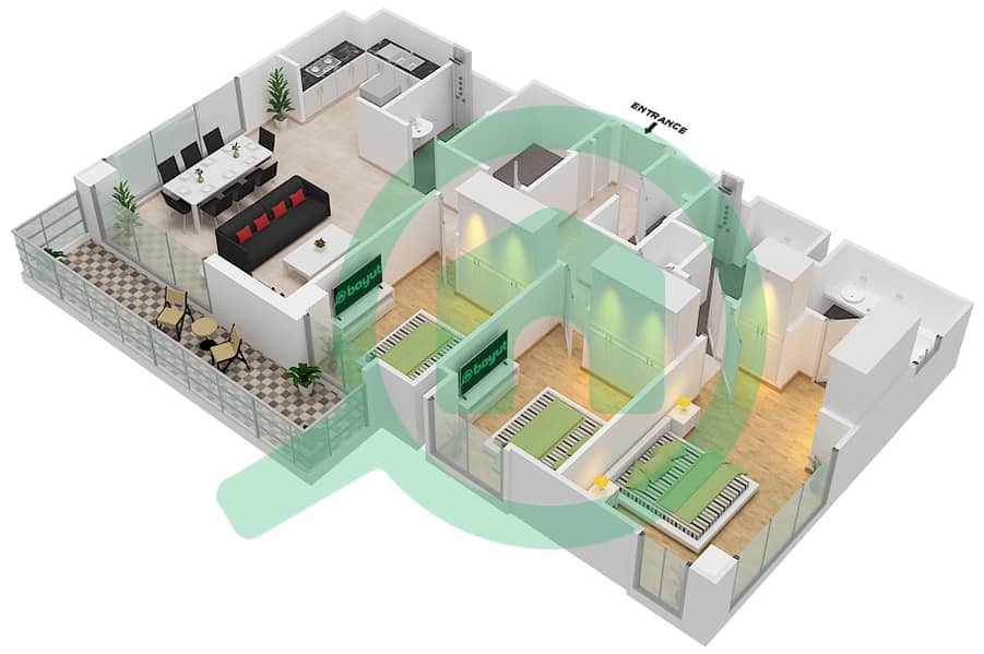المخططات الطابقية لتصميم الوحدة 207 شقة 3 غرف نوم - سانست في كريك بيتش interactive3D