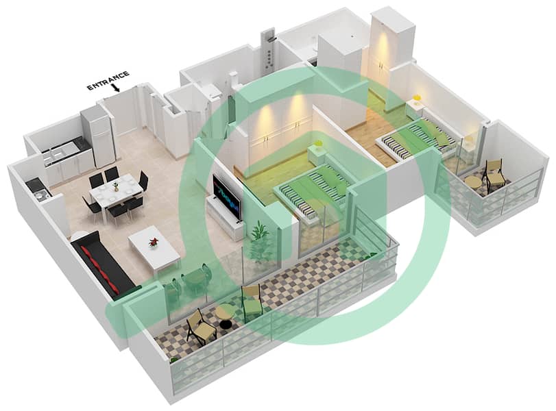 المخططات الطابقية لتصميم الوحدة 504 شقة 2 غرفة نوم - سانست في كريك بيتش interactive3D