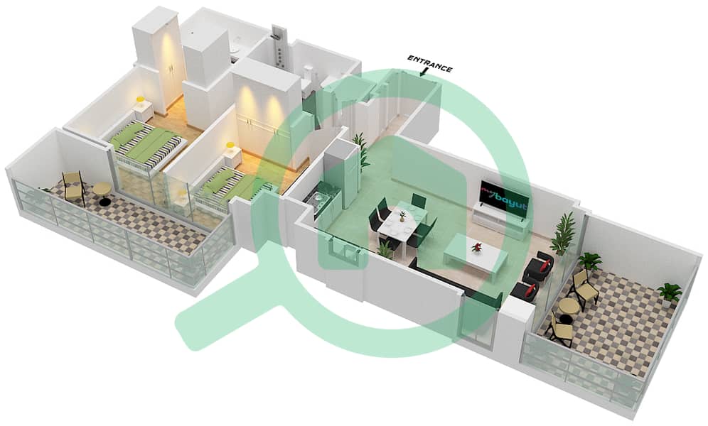 المخططات الطابقية لتصميم الوحدة 505 شقة 2 غرفة نوم - سانست في كريك بيتش interactive3D