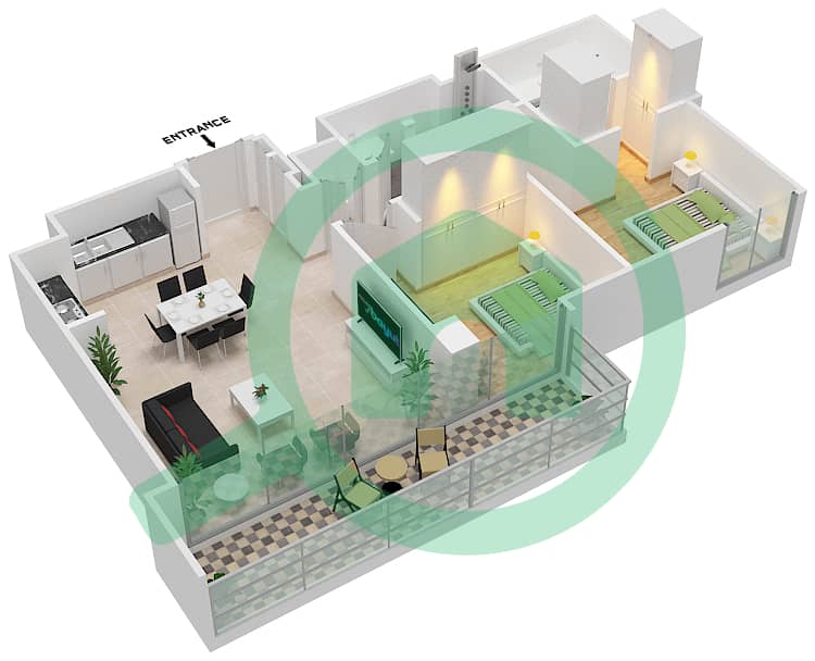 المخططات الطابقية لتصميم الوحدة 506 شقة 2 غرفة نوم - سانست في كريك بيتش interactive3D