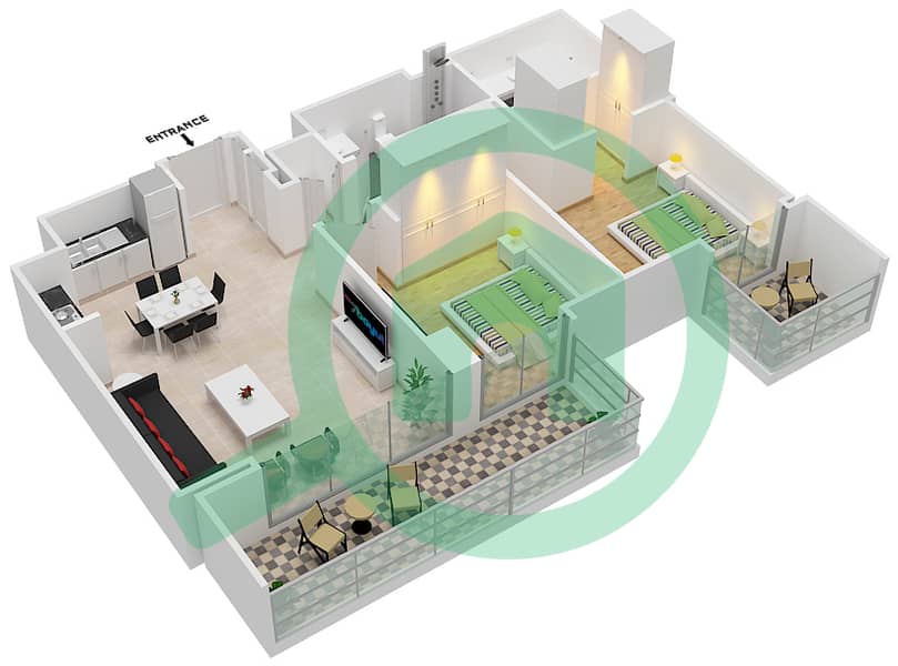 المخططات الطابقية لتصميم الوحدة 604 شقة 2 غرفة نوم - سانست في كريك بيتش interactive3D